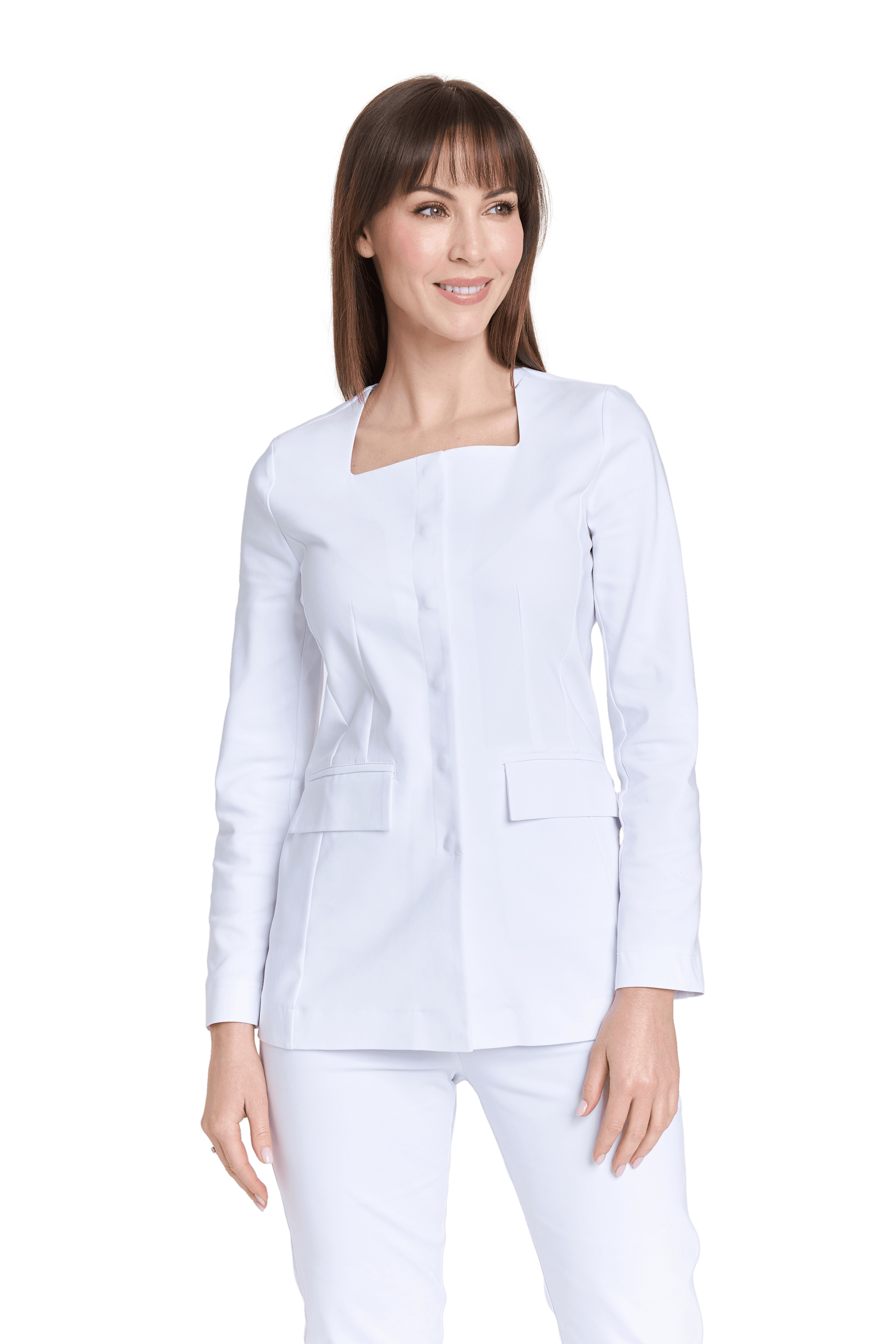 Női orvosi köpeny prémium nyakkivágással FEHÉR