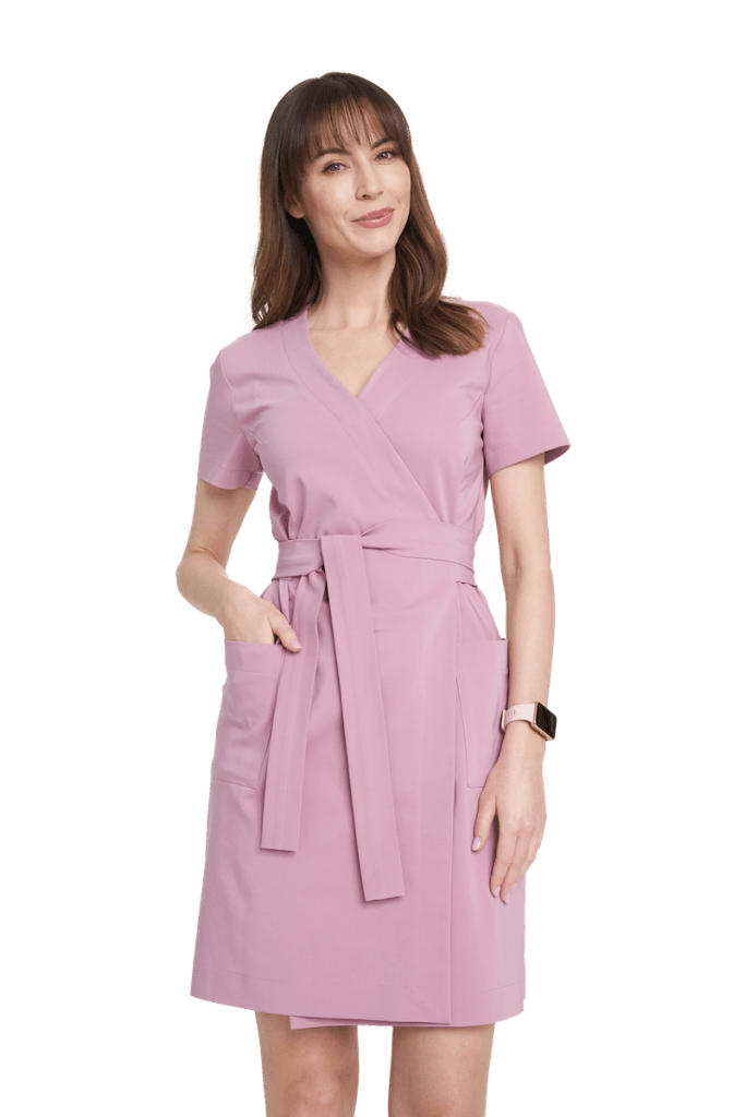 Sukienka medyczna kopertowa z krótkim rękawem Premium LILARÓŻ OUTLET