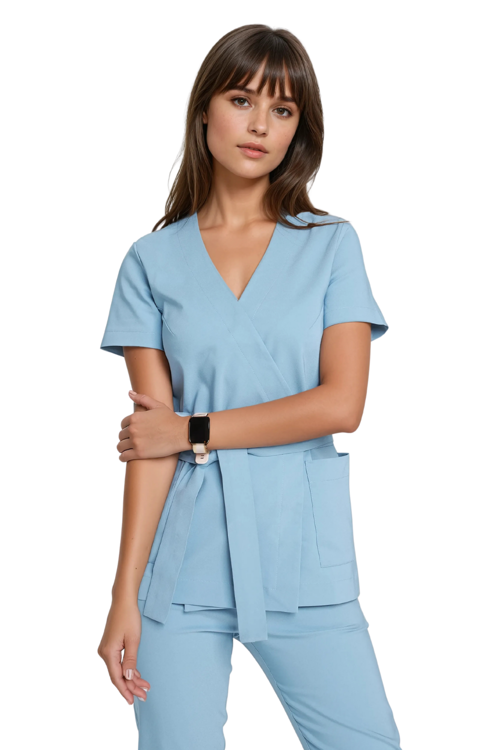 Tunika medyczna kopertowa damska z krótkim rękawem Premium BŁĘKITNA