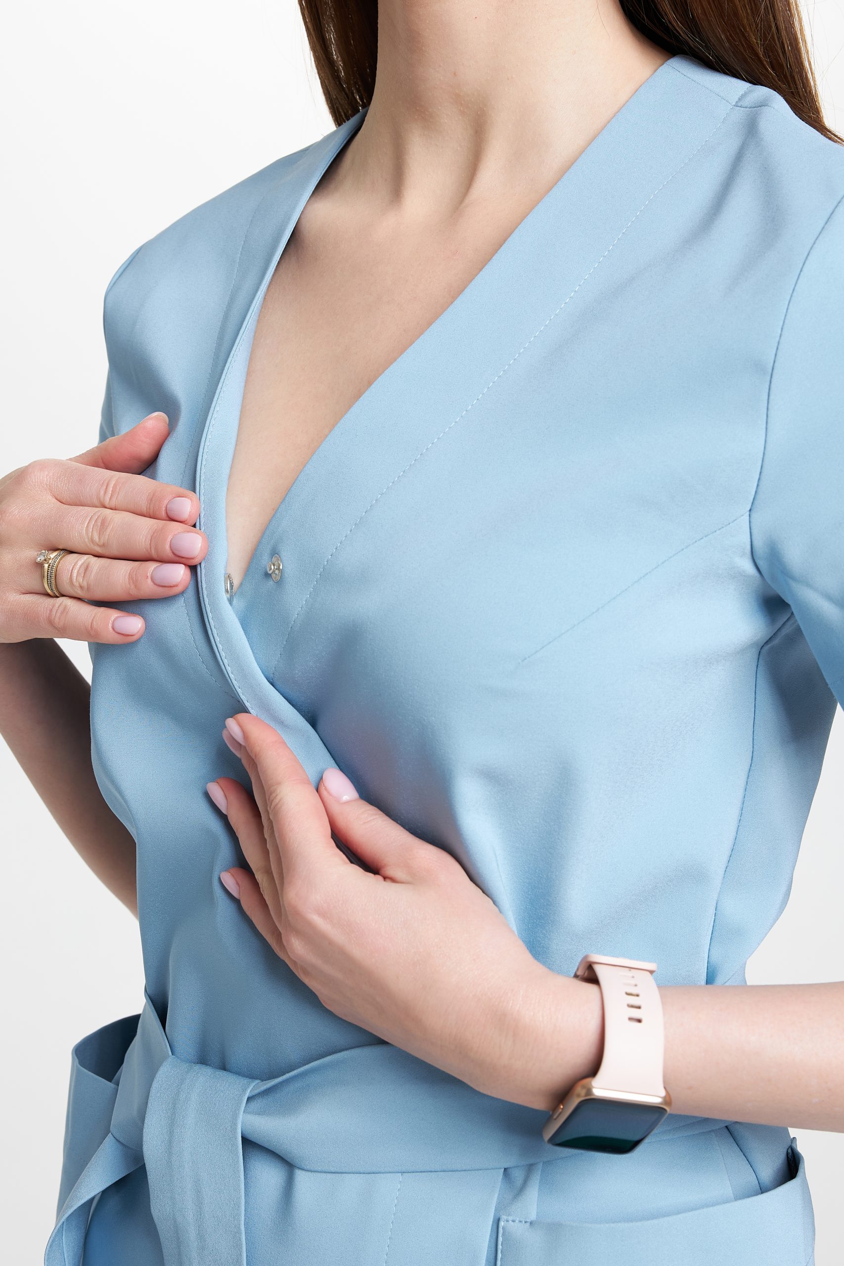 Tunika medyczna kopertowa damska z krótkim rękawem Premium BŁĘKITNA