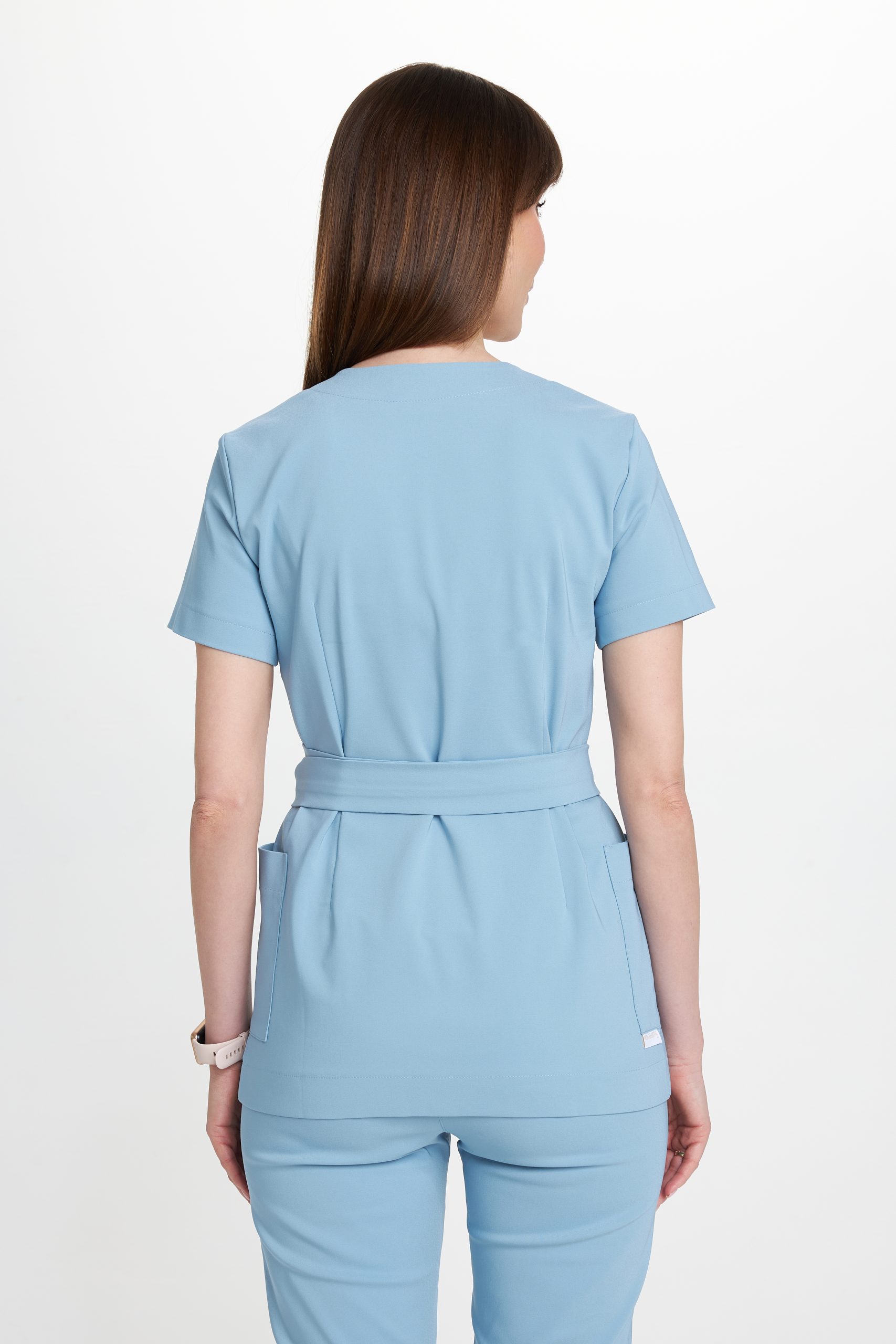 Tunika medyczna kopertowa damska z krótkim rękawem Premium BŁĘKITNA