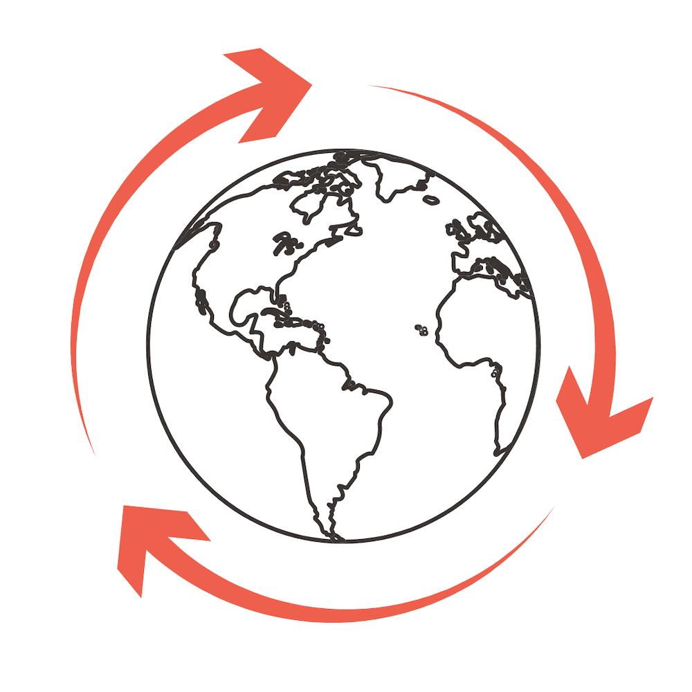 Ilustracja globu ziemskiego otoczonego czerwonymi strzałkami wskazującymi ruch i globalne połączenia