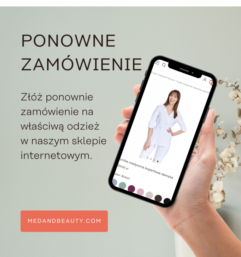 Ręka trzyma telefon z widokiem na stronę internetową medycznej odzieży medandbeauty.com