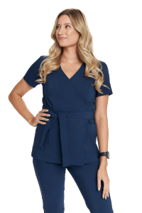 Tunika medyczna kopertowa damska z krótkim rękawem Premium GRANATOWA