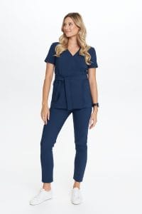 Tunika medyczna kopertowa damska z krótkim rękawem Premium GRANATOWA