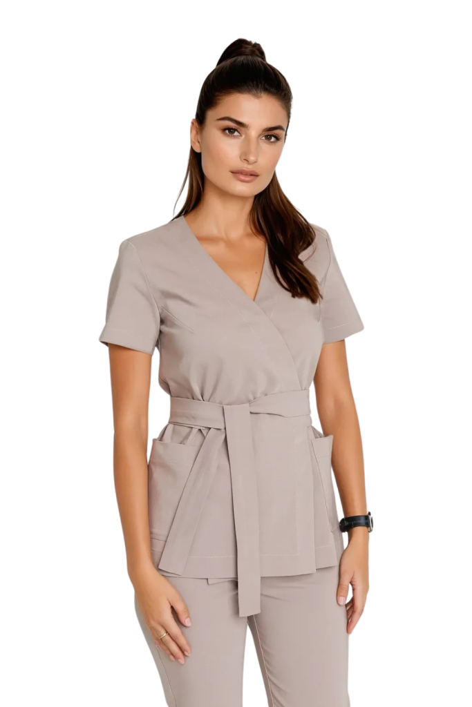 Tunika medyczna kopertowa damska z krótkim rękawem Premium CIEMNY BEŻ