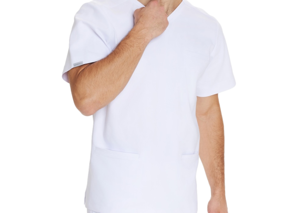 Mężczyzna w białej bluzce medycznej scrubs Premium