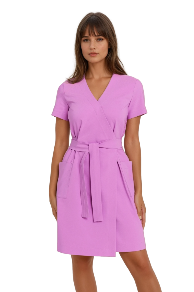 Modelka w różowej sukience medycznej kopertowej z krótkim rękawem Premium ROSALIA z paskiem i kieszeniami