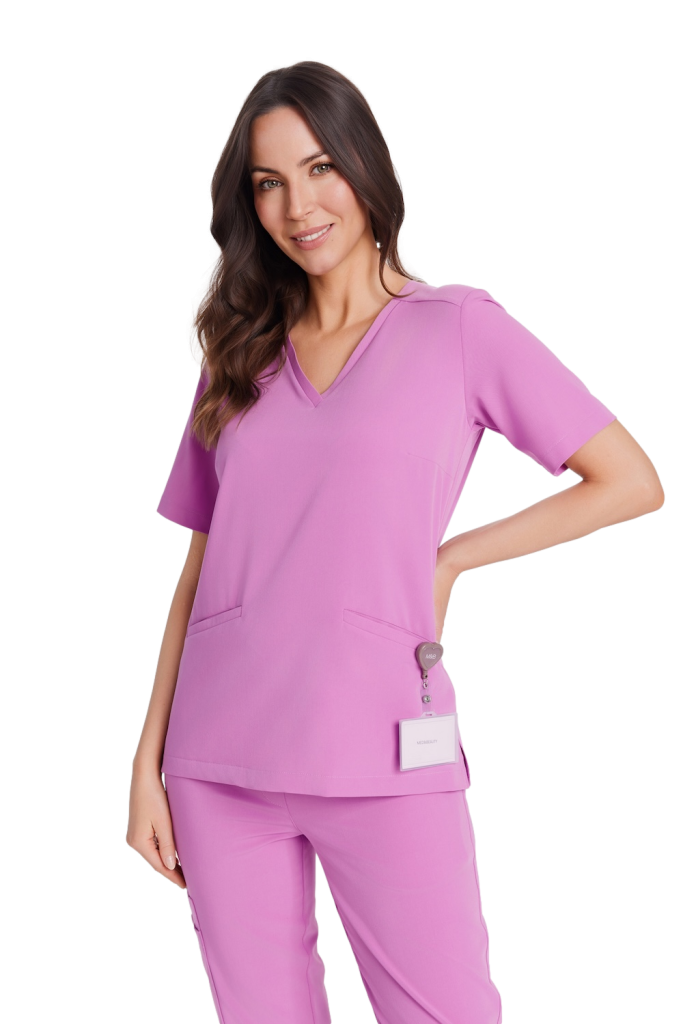 Kobieta w różowej bluzce medycznej damskiej scrubs Basic PINK KISS uśmiechająca się