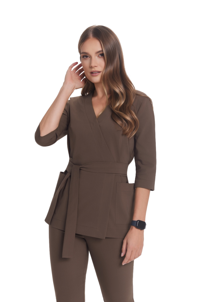 Tunika medyczna kopertowa damska Premium Mleczna Czekolada