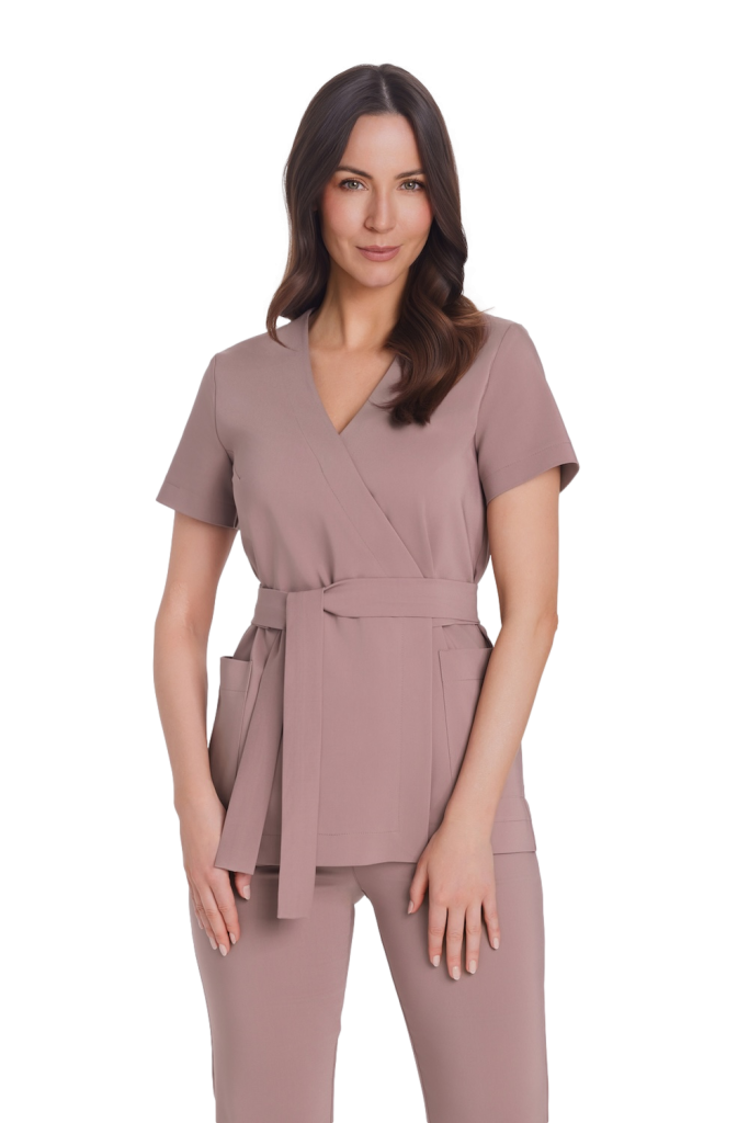 Tunika medyczna kopertowa damska z krótkim rękawem Premium Mocca